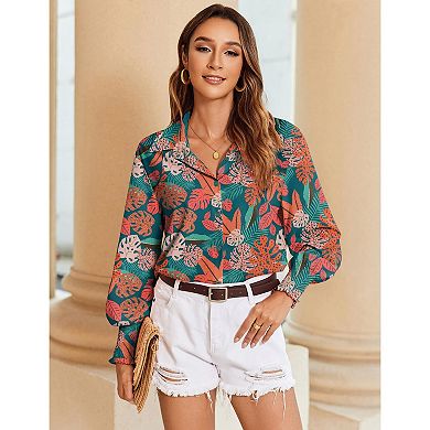 Zeagoo Women's Striped Printed Lantern Long Sleeve Blouses Smocked Cuff Business Work Tops