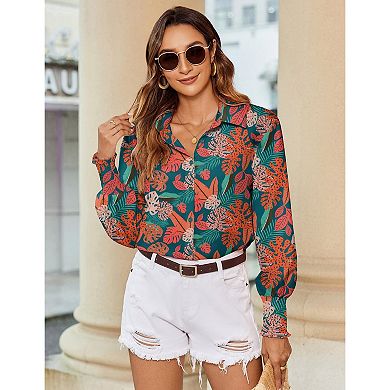 Zeagoo Women's Striped Printed Lantern Long Sleeve Blouses Smocked Cuff Business Work Tops