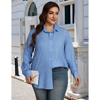 Zeagoo Women's Plus Size Long Sleeve Striped Button Down Blouses Casual Business Work Tops