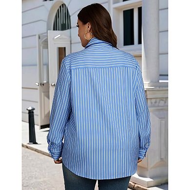 Zeagoo Women's Plus Size Long Sleeve Striped Button Down Blouses Casual Business Work Tops