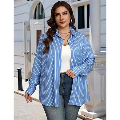 Zeagoo Women's Plus Size Long Sleeve Striped Button Down Blouses Casual Business Work Tops