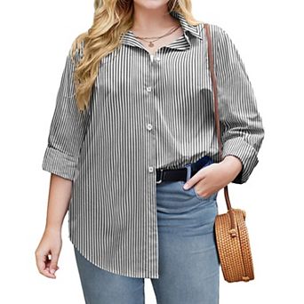 Zeagoo Women's Plus Size Long Sleeve Striped Button Down Blouses Casual Business Work Tops