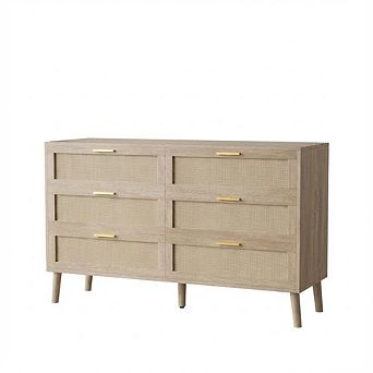 Natural Rattan 6-Drawer Dresser with Gold Handles, Farmhouse Wood Chest for Bedroom & Entryway