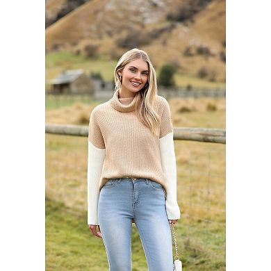 Zeagoo Women's Turtleneck Sweater, Color Block Knit Long Sleeve Lightweight Pullover