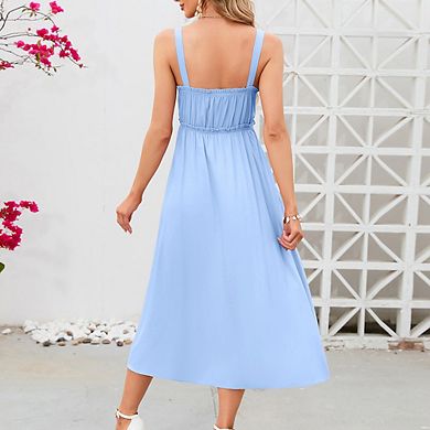 Women's Spaghetti Strap Midi Dress Ruffle Trim Button Front Pocketed Casual Sundress