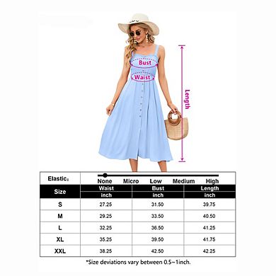 Women's Spaghetti Strap Midi Dress Ruffle Trim Button Front Pocketed Casual Sundress