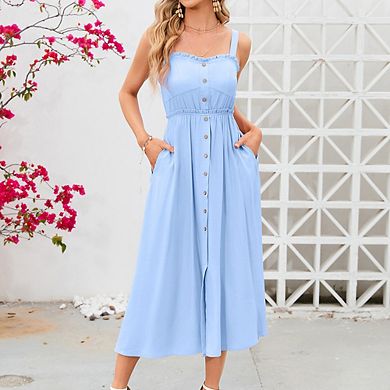Women's Spaghetti Strap Midi Dress Ruffle Trim Button Front Pocketed Casual Sundress
