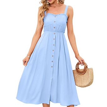 Women's Spaghetti Strap Midi Dress Ruffle Trim Button Front Pocketed Casual Sundress