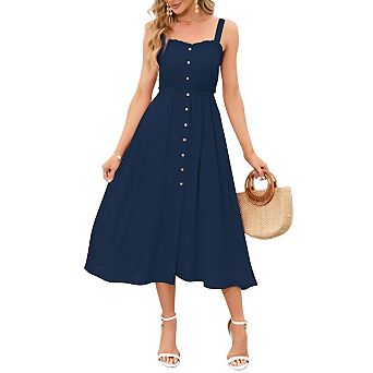 Women's Spaghetti Strap Midi Dress Ruffle Trim Button Front Pocketed Casual Sundress