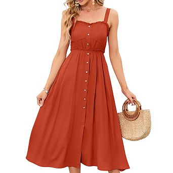 Women's Spaghetti Strap Midi Dress Ruffle Trim Button Front Pocketed Casual Sundress