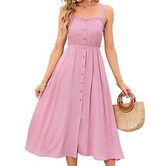 Women's Spaghetti Strap Midi Dress Ruffle Trim Button Front Pocketed Casual Sundress