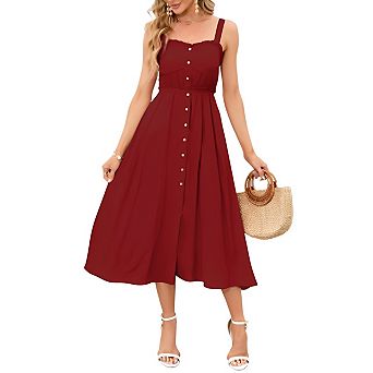 Women's Spaghetti Strap Midi Dress Ruffle Trim Button Front Pocketed Casual Sundress