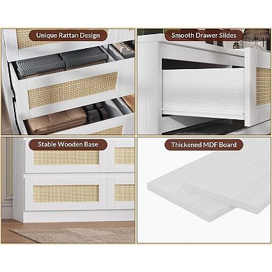 Modern 8 Drawer Rattan Dresser, Wide Boho Farmhouse Storage Cabinet