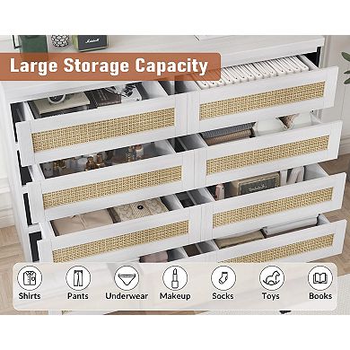 Modern 8 Drawer Rattan Dresser, Wide Boho Farmhouse Storage Cabinet