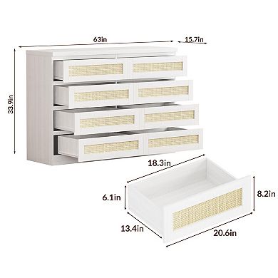 Modern 8 Drawer Rattan Dresser, Wide Boho Farmhouse Storage Cabinet