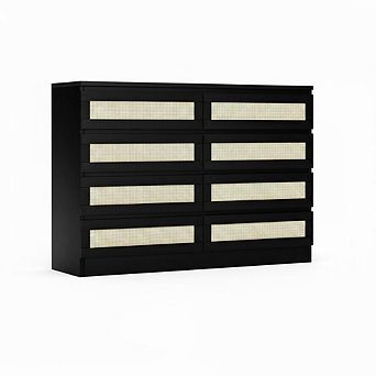 Modern 8 Drawer Rattan Dresser, Wide Boho Farmhouse Storage Cabinet