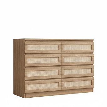 Modern 8 Drawer Rattan Dresser, Wide Boho Farmhouse Storage Cabinet