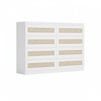 Modern 8 Drawer Rattan Dresser, Wide Boho Farmhouse Storage Cabinet