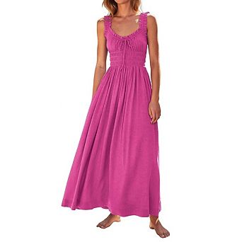 Women's Sleeveless Square Neck Maxi Dress Smocked Boho Flowy A-Line Beach Summer Casual