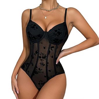 Women's Lace Embroidery Floral Mesh Corset Bodysuit Summer Casual Underwire Boned Shapewear Jumpsuit