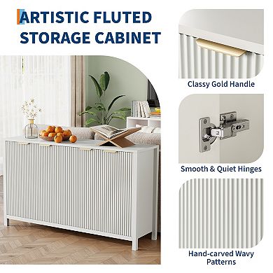 55" Fluted Buffet Sideboard Cabinet, 4-Door Kitchen Storage Accent Cabinet with Adjustable Shelf