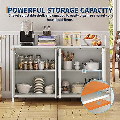 55" Fluted Buffet Sideboard Cabinet, 4-Door Kitchen Storage Accent Cabinet with Adjustable Shelf