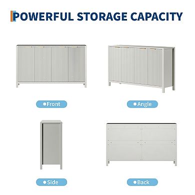 55" Fluted Buffet Sideboard Cabinet, 4-Door Kitchen Storage Accent Cabinet with Adjustable Shelf