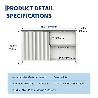 55" Fluted Buffet Sideboard Cabinet, 4-Door Kitchen Storage Accent Cabinet with Adjustable Shelf