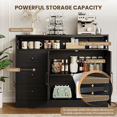 47" Farmhouse Buffet Cabinet with Drawers, Barn Doors & Power Outlet, Coffee Bar Sideboard