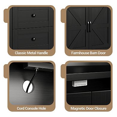 47" Farmhouse Buffet Cabinet with Drawers, Barn Doors & Power Outlet, Coffee Bar Sideboard