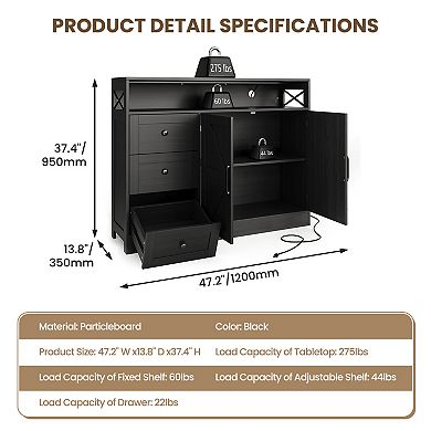 47" Farmhouse Buffet Cabinet with Drawers, Barn Doors & Power Outlet, Coffee Bar Sideboard