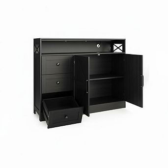 47" Farmhouse Buffet Cabinet with Drawers, Barn Doors & Power Outlet, Coffee Bar Sideboard