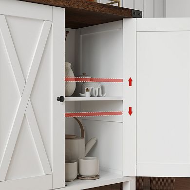 Farmhouse Entryway Storage Cabinet with Barn Doors and Adjustable Shelf, Rustic Sideboard Console