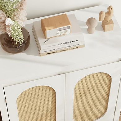 Boho Rattan Accent Storage Cabinet with Doors, Adjustable Shelves Sideboard Buffet for Living Room