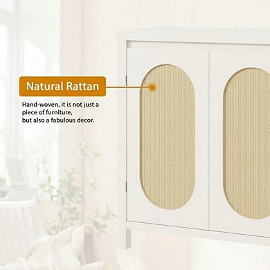Boho Rattan Accent Storage Cabinet with Doors, Adjustable Shelves Sideboard Buffet for Living Room