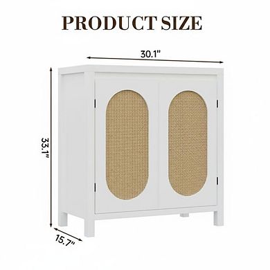 Boho Rattan Accent Storage Cabinet with Doors, Adjustable Shelves Sideboard Buffet for Living Room