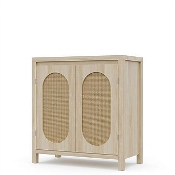 Boho Rattan Accent Storage Cabinet with Doors, Adjustable Shelves Sideboard Buffet for Living Room