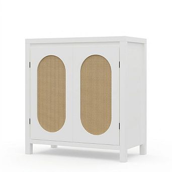 Boho Rattan Accent Storage Cabinet with Doors, Adjustable Shelves Sideboard Buffet for Living Room