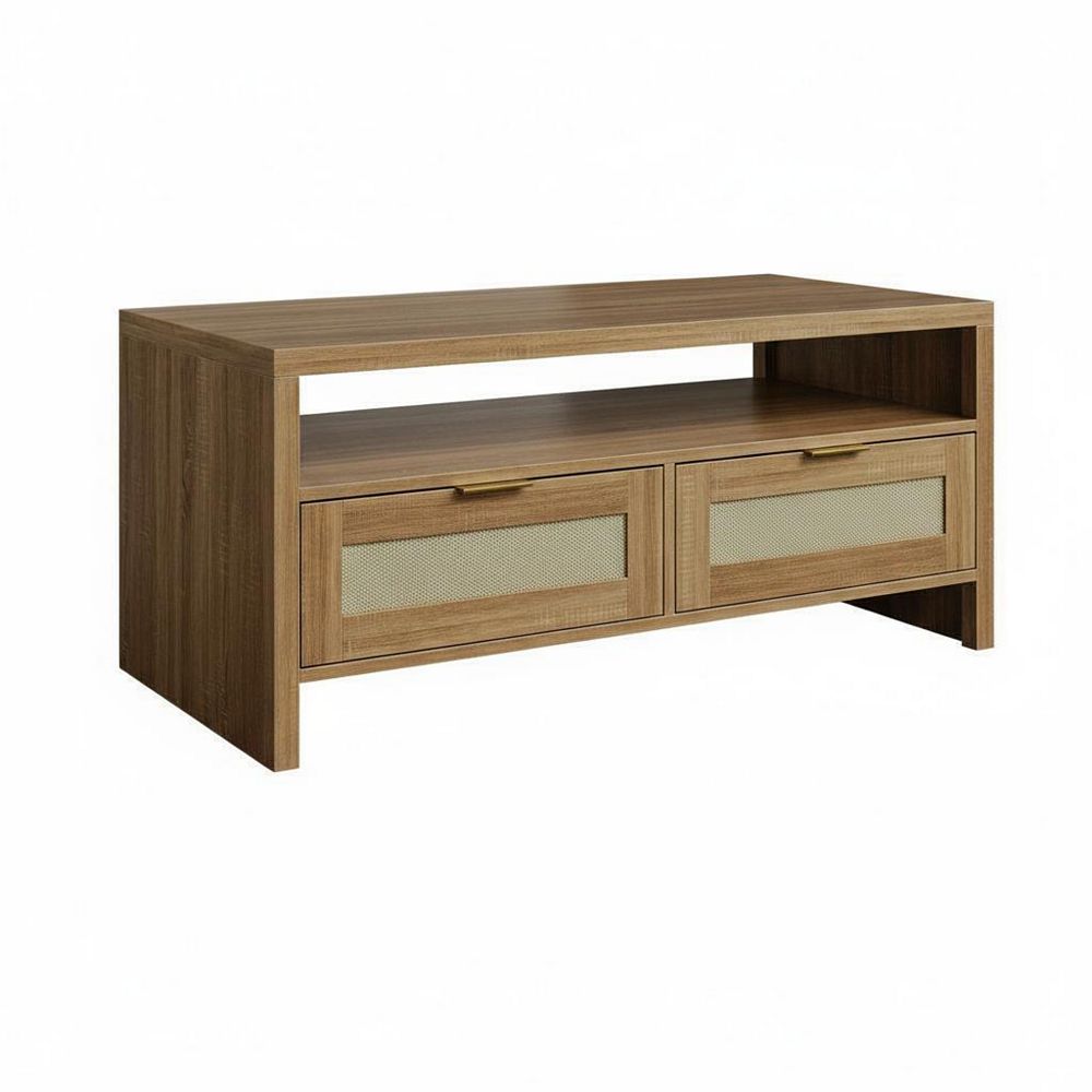 Mid Century Modern Coffee Table with Rattan Drawers and Open Shelf