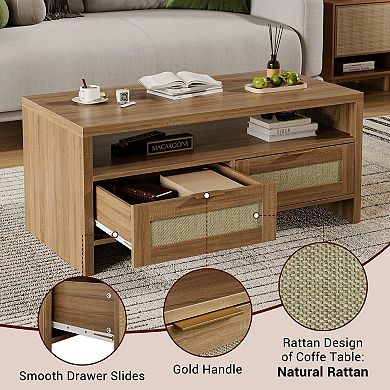 Mid Century Modern Coffee Table with Rattan Drawers and Open Shelf