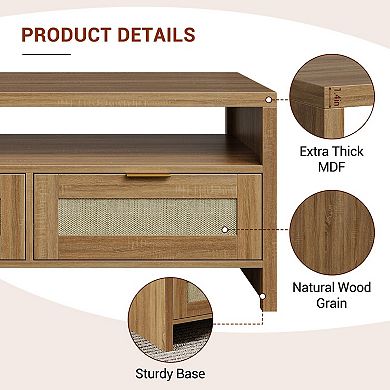 Mid Century Modern Coffee Table with Rattan Drawers and Open Shelf