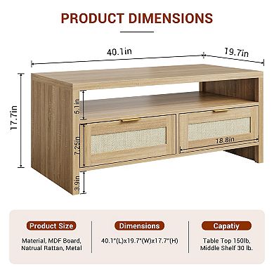 Mid Century Modern Coffee Table with Rattan Drawers and Open Shelf
