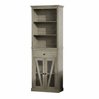 66.5" Farmhouse Tall Storage Cabinet with Glass Doors & Drawer, Slim 5 tier Grey Bookcase