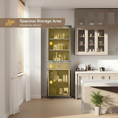 66.5" Farmhouse Tall Storage Cabinet with Glass Doors & Drawer, Slim 5 Tier Grey Bookcase