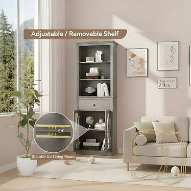 66.5" Farmhouse Tall Storage Cabinet with Glass Doors & Drawer, Slim 5 Tier Grey Bookcase