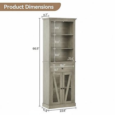 66.5" Farmhouse Tall Storage Cabinet with Glass Doors & Drawer, Slim 5 Tier Grey Bookcase