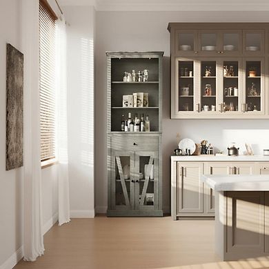 66.5" Farmhouse Tall Storage Cabinet with Glass Doors & Drawer, Slim 5 Tier Grey Bookcase