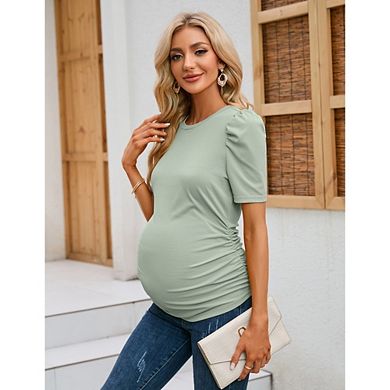 Women's Maternity Rib Knit Top Puff Short Sleeve Crew Neck Slim Fit Pregnancy Tee