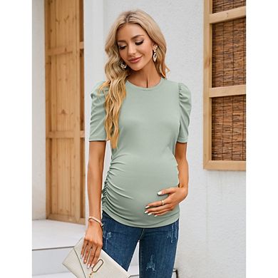 Women's Maternity Rib Knit Top Puff Short Sleeve Crew Neck Slim Fit Pregnancy Tee