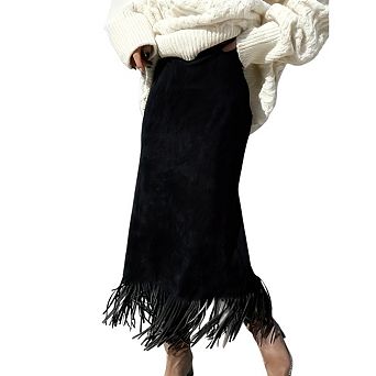 Women's Faux Suede Pencil Skirt with Fringe Trim High-Waist Midi for Dressy Occasions
